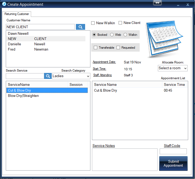 Salon Precision Staff Types Screen